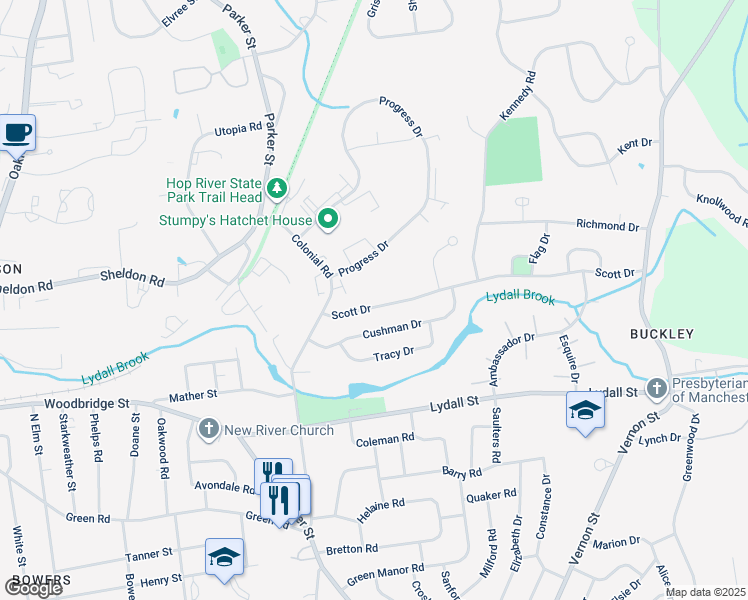 map of restaurants, bars, coffee shops, grocery stores, and more near 60 Scott Drive in Manchester