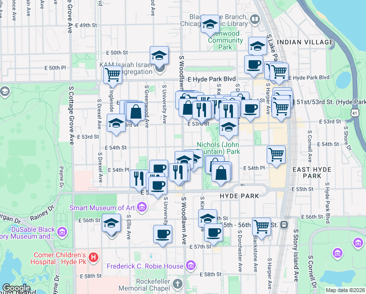 map of restaurants, bars, coffee shops, grocery stores, and more near South Woodlawn Avenue & East 54th Street in Chicago