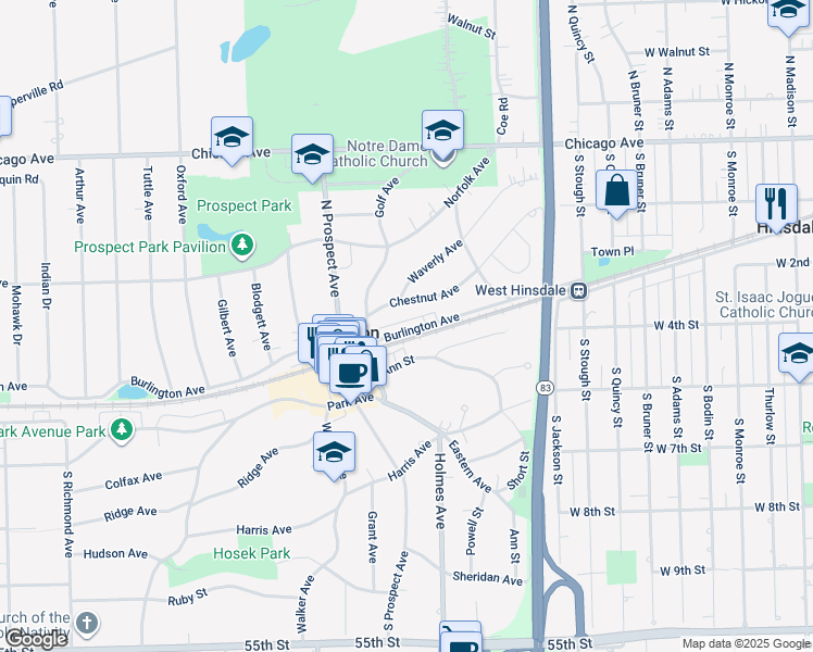 map of restaurants, bars, coffee shops, grocery stores, and more near 1 S Prospect Ave in Clarendon Hills