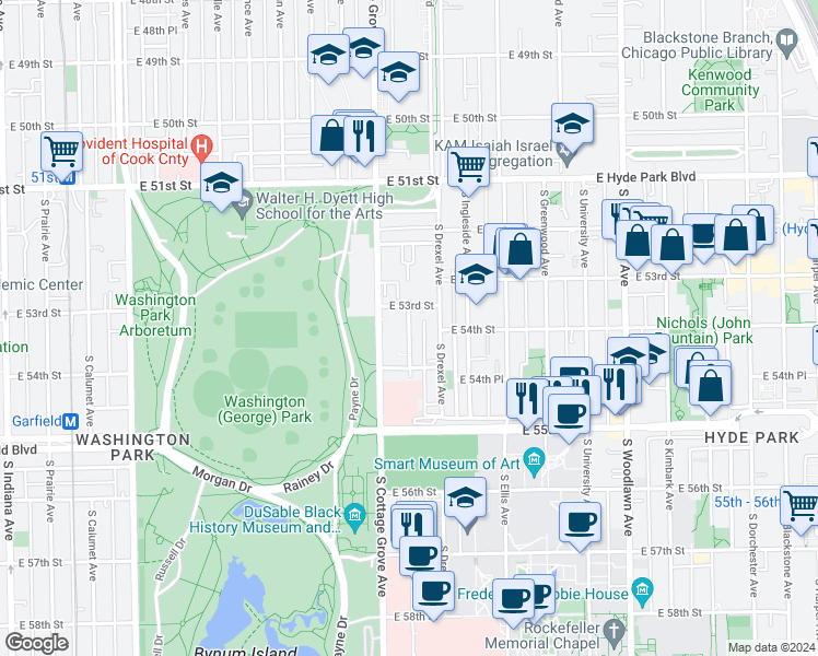 map of restaurants, bars, coffee shops, grocery stores, and more near 5340 South Drexel Avenue in Chicago