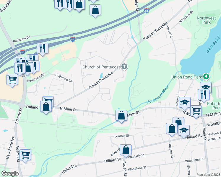 map of restaurants, bars, coffee shops, grocery stores, and more near 22 Oak Forest Drive in Manchester