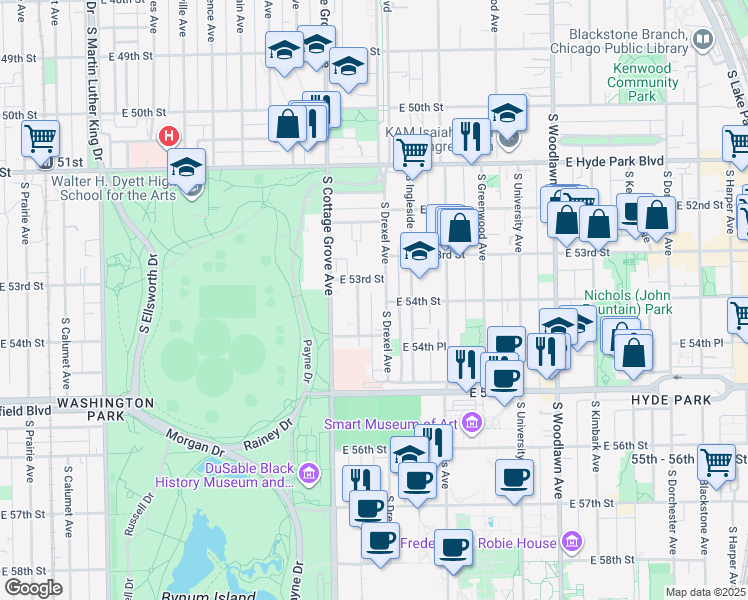 map of restaurants, bars, coffee shops, grocery stores, and more near 5320 South Drexel Avenue in Chicago