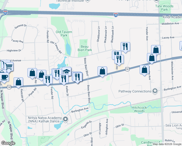 map of restaurants, bars, coffee shops, grocery stores, and more near 4715 Beau Bien Boulevard in Lisle
