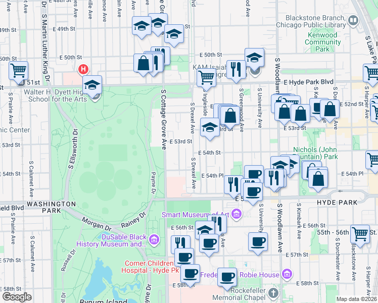 map of restaurants, bars, coffee shops, grocery stores, and more near 5320 South Drexel Boulevard in Chicago