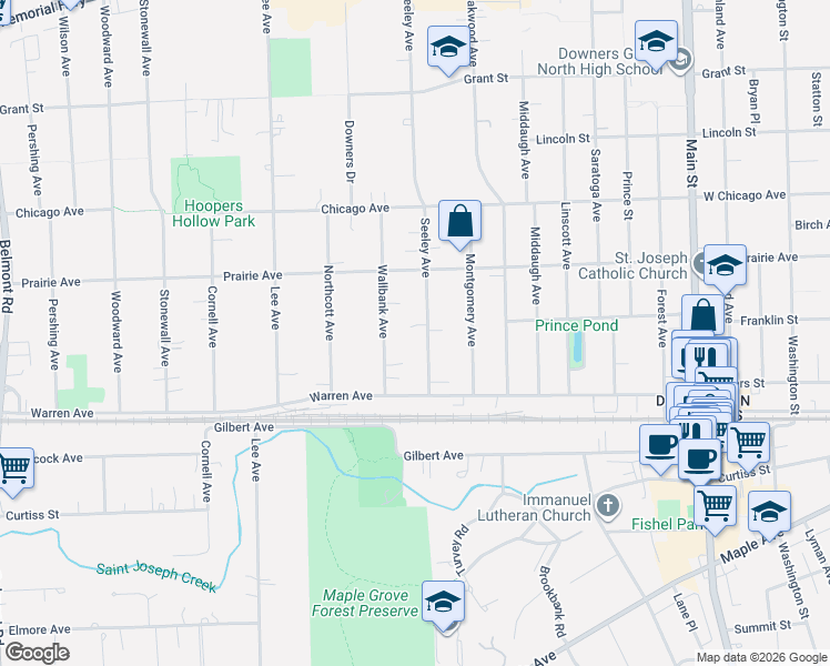 map of restaurants, bars, coffee shops, grocery stores, and more near 4916 Seeley Avenue in Downers Grove