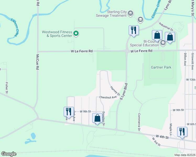 map of restaurants, bars, coffee shops, grocery stores, and more near 1301 Douglas Drive in Sterling