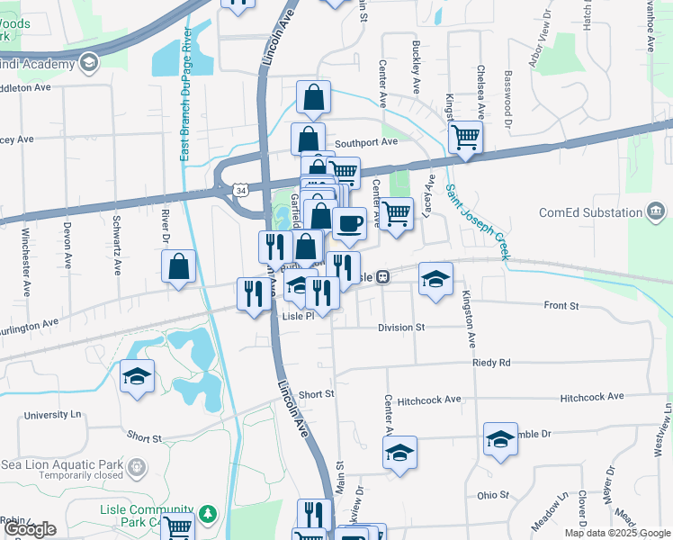 map of restaurants, bars, coffee shops, grocery stores, and more near 1045 Burlington Avenue in Lisle