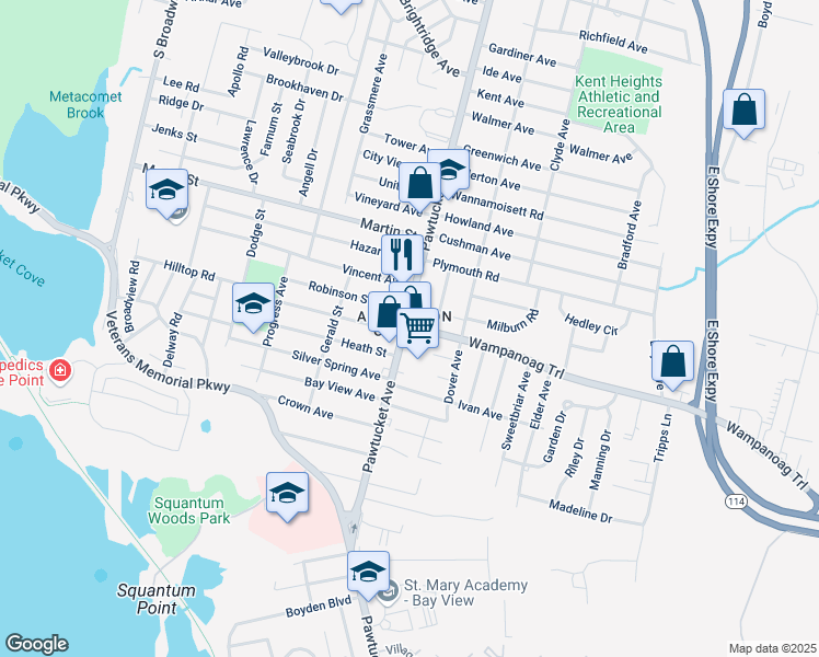 map of restaurants, bars, coffee shops, grocery stores, and more near 15 Wampanoag Trail in East Providence