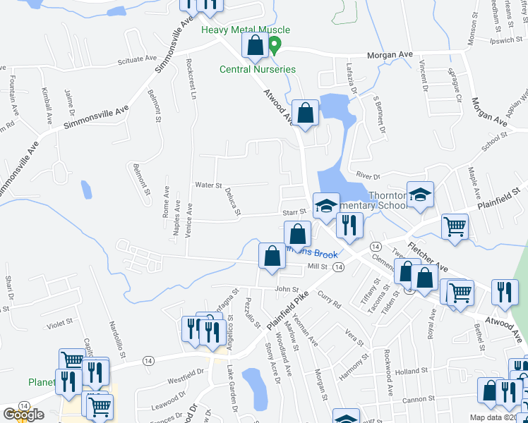 map of restaurants, bars, coffee shops, grocery stores, and more near 32 Starr Street in Johnston