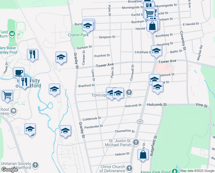 map of restaurants, bars, coffee shops, grocery stores, and more near in Hartford