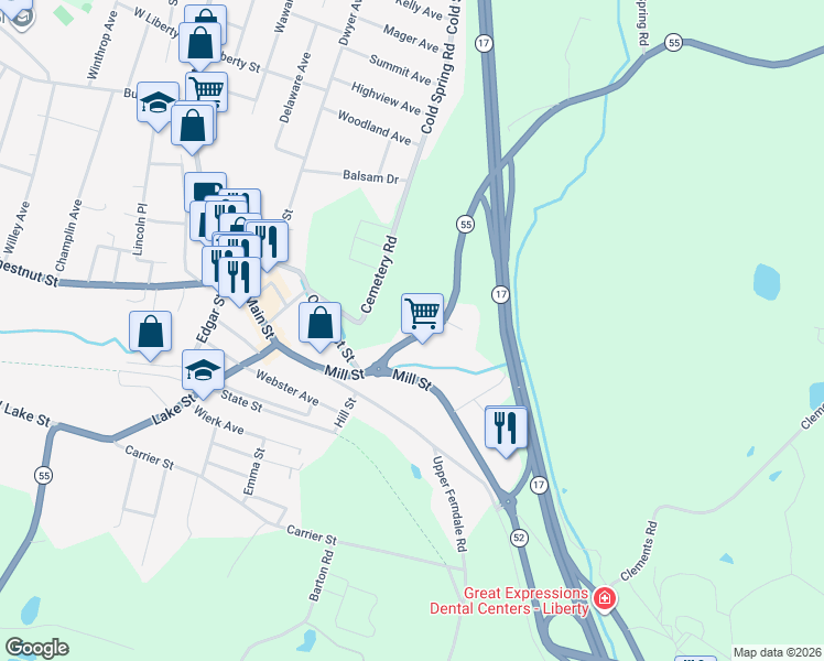 map of restaurants, bars, coffee shops, grocery stores, and more near 89 Mill in Liberty