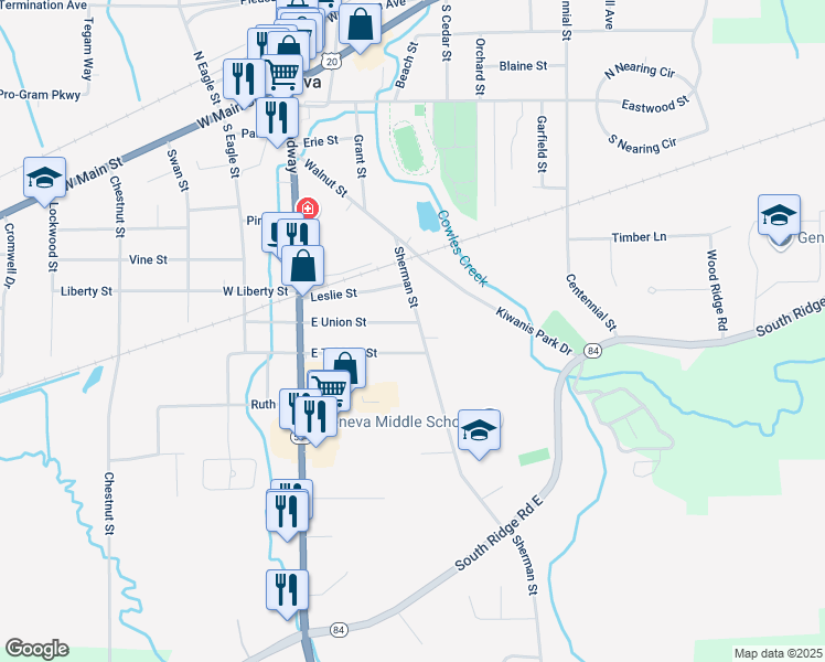 map of restaurants, bars, coffee shops, grocery stores, and more near 670 Sherman Street in Geneva