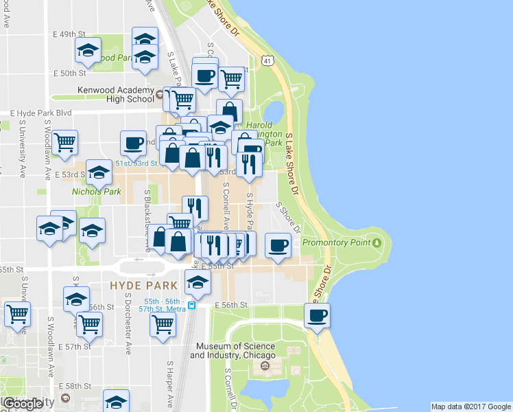 map of restaurants, bars, coffee shops, grocery stores, and more near 5419 South Hyde Park Boulevard in Chicago