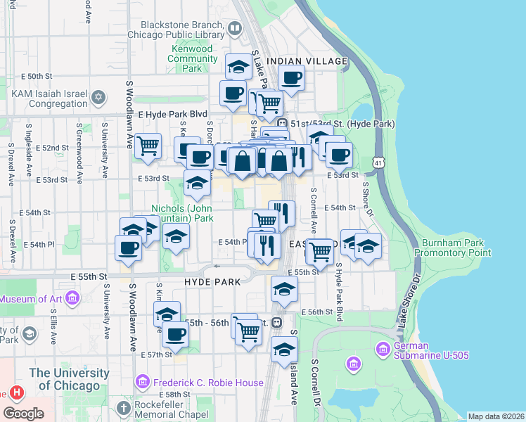map of restaurants, bars, coffee shops, grocery stores, and more near 5422 South Lake Park Avenue in Chicago