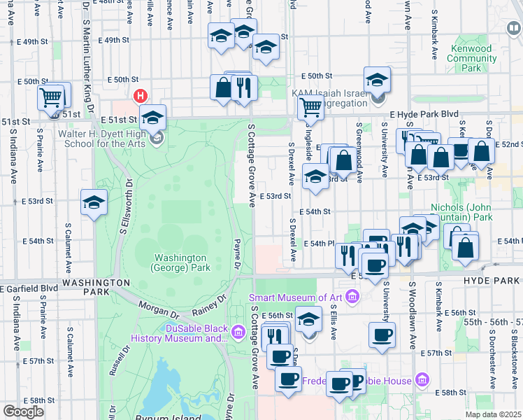 map of restaurants, bars, coffee shops, grocery stores, and more near 5341 South Cottage Grove Avenue in Chicago