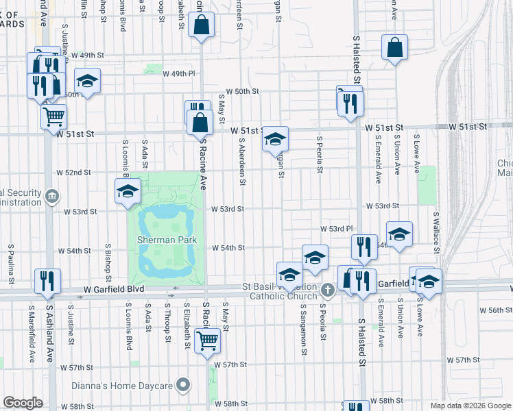 map of restaurants, bars, coffee shops, grocery stores, and more near 5311 South Carpenter Street in Chicago