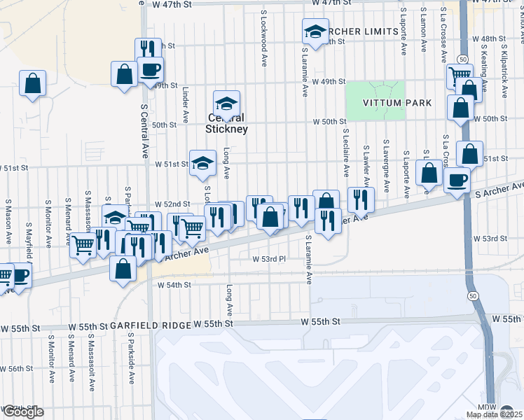 map of restaurants, bars, coffee shops, grocery stores, and more near 5225 South Lorel Avenue in Chicago