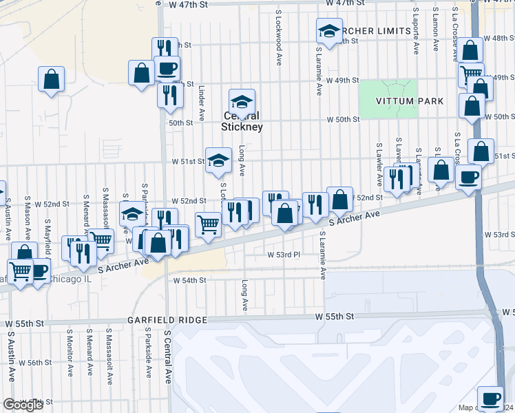 map of restaurants, bars, coffee shops, grocery stores, and more near 5225 South Lorel Avenue in Chicago