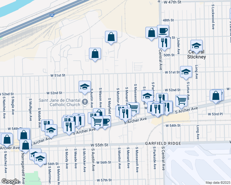 map of restaurants, bars, coffee shops, grocery stores, and more near 5219 South Mayfield Avenue in Chicago