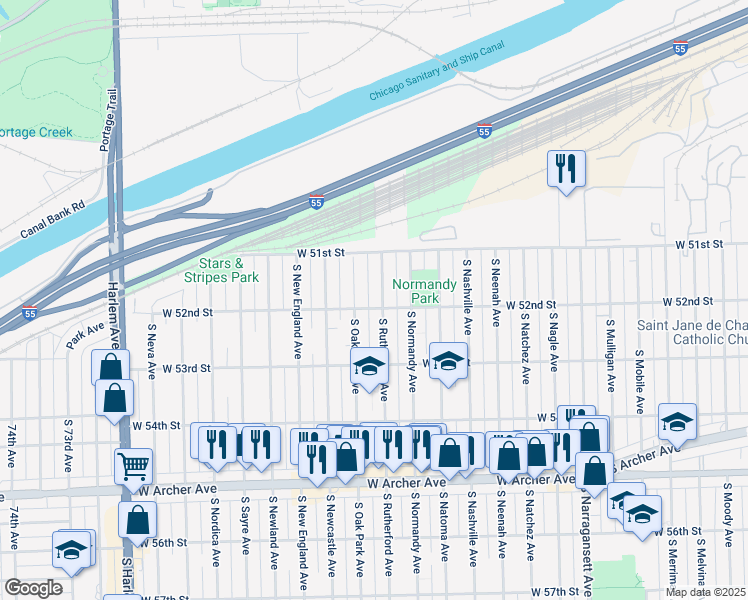map of restaurants, bars, coffee shops, grocery stores, and more near 5204 South Rutherford Avenue in Chicago
