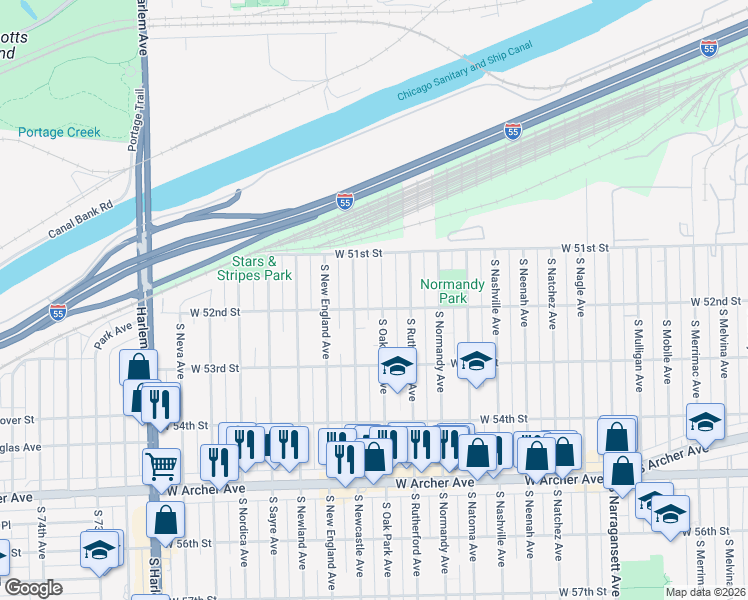 map of restaurants, bars, coffee shops, grocery stores, and more near 5204 South Oak Park Avenue in Chicago