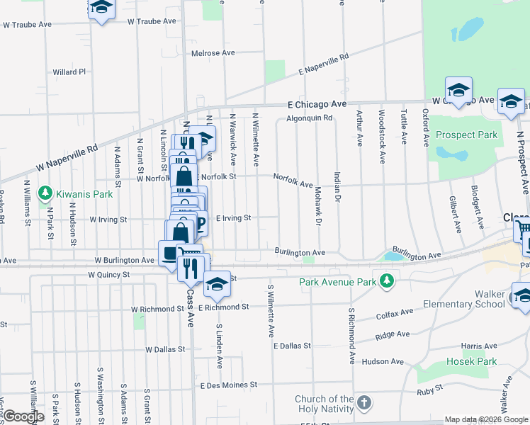 map of restaurants, bars, coffee shops, grocery stores, and more near 37 North Wilmette Avenue in Westmont