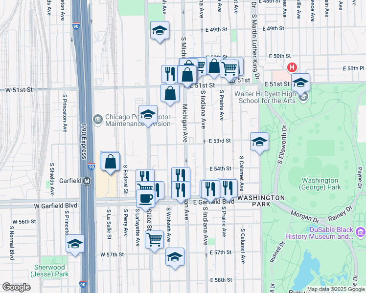 map of restaurants, bars, coffee shops, grocery stores, and more near 5300 South Michigan Avenue in Chicago