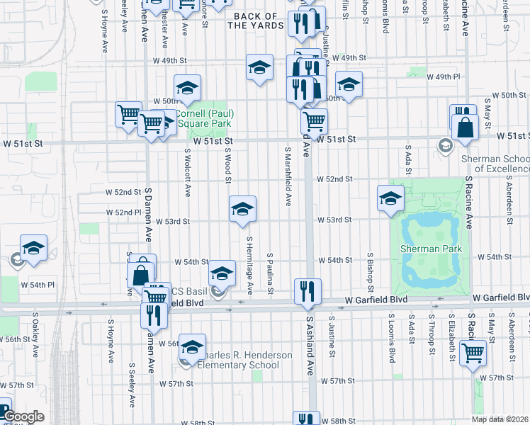 map of restaurants, bars, coffee shops, grocery stores, and more near 5248 South Paulina Street in Chicago