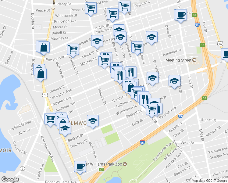 map of restaurants, bars, coffee shops, grocery stores, and more near 33 Lenox Avenue in Providence