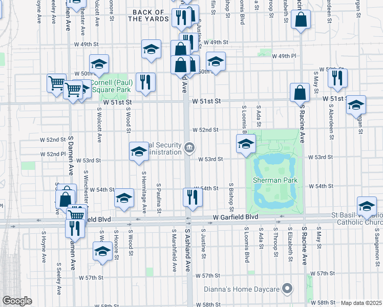 map of restaurants, bars, coffee shops, grocery stores, and more near 5305 South Ashland Avenue in Chicago