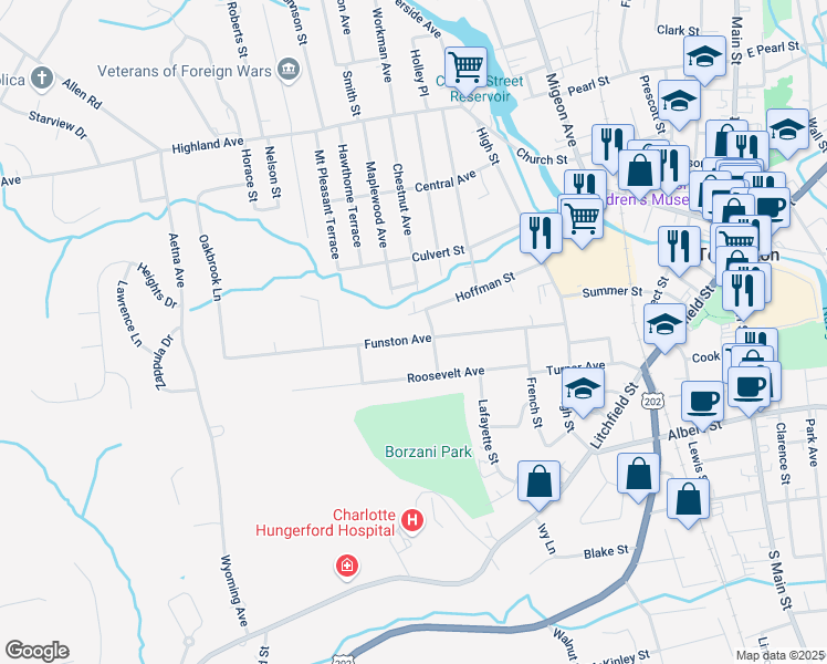 map of restaurants, bars, coffee shops, grocery stores, and more near 223 Funston Avenue in Torrington