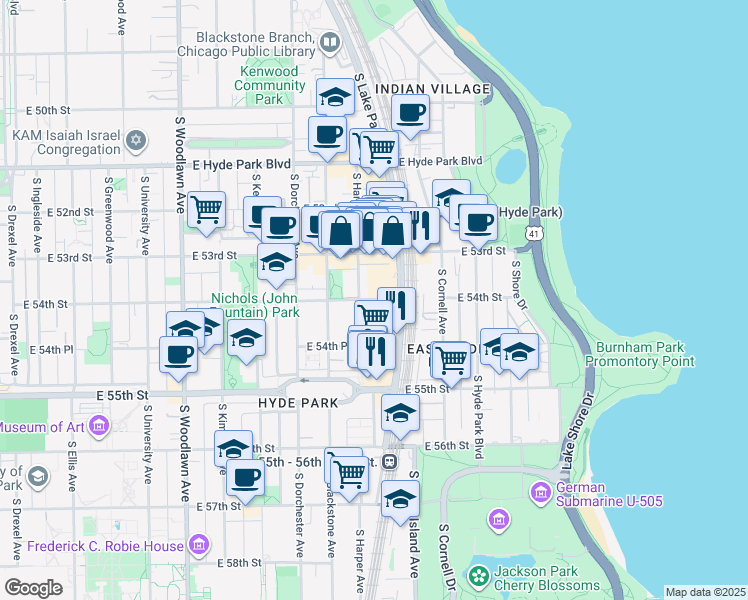 map of restaurants, bars, coffee shops, grocery stores, and more near 1515-1521 East 54th Street in Chicago