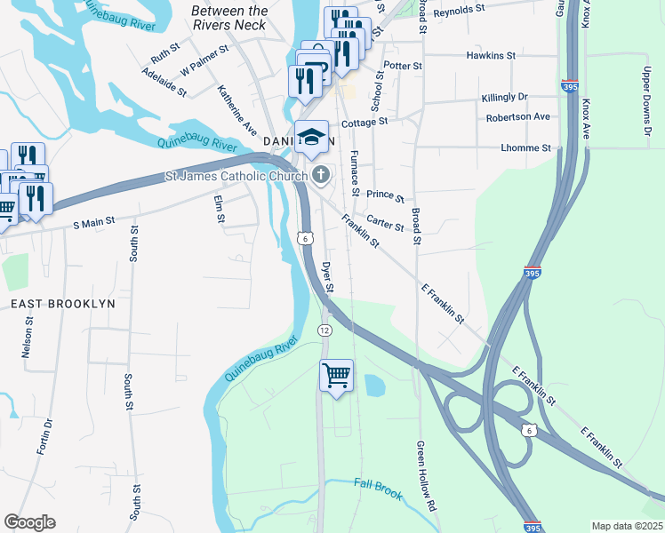 map of restaurants, bars, coffee shops, grocery stores, and more near 72 Dyer Street in Killingly