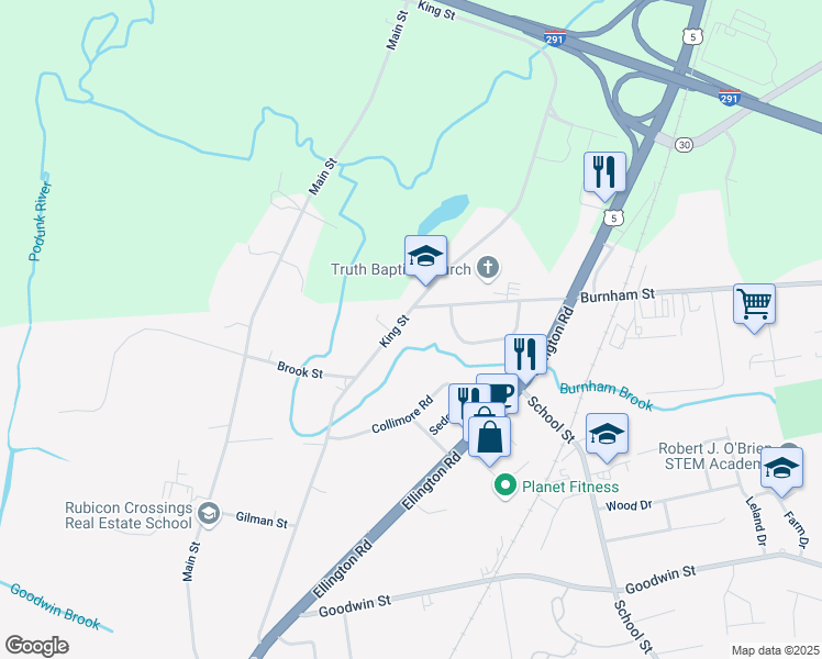 map of restaurants, bars, coffee shops, grocery stores, and more near 330 King Street in East Hartford