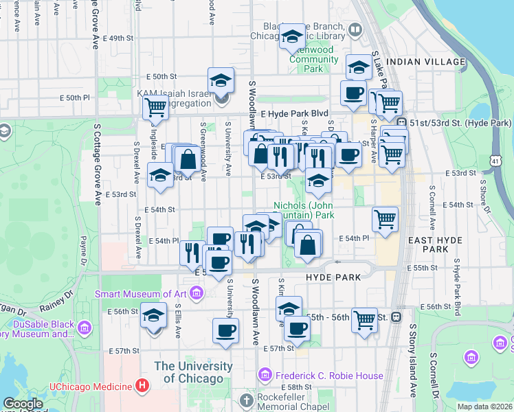 map of restaurants, bars, coffee shops, grocery stores, and more near 5345 South Woodlawn Avenue in Chicago