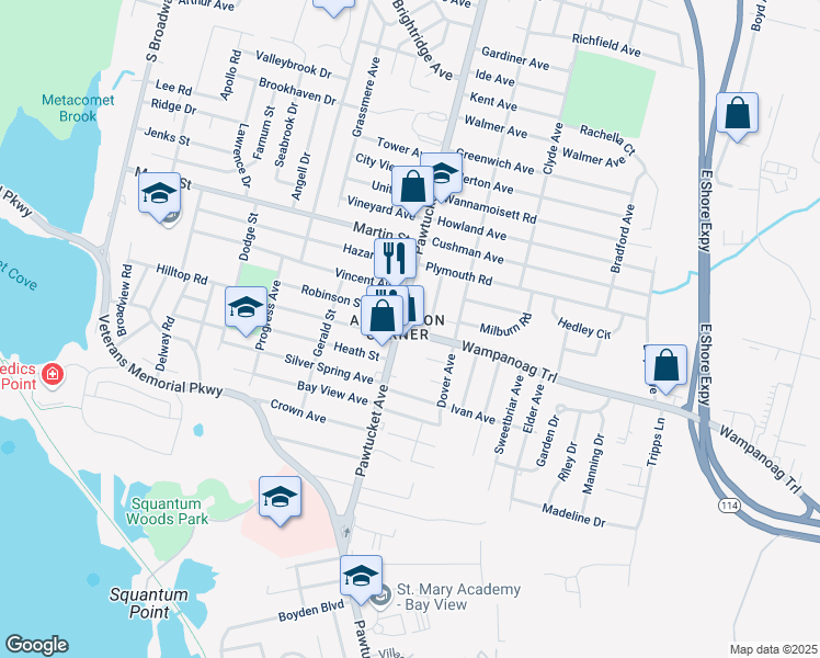 map of restaurants, bars, coffee shops, grocery stores, and more near 15 Wampanoag Trail in East Providence