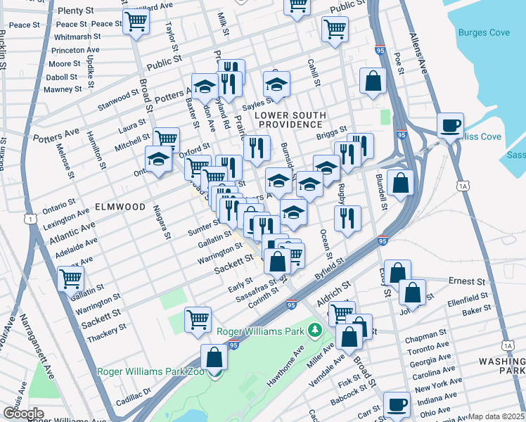 map of restaurants, bars, coffee shops, grocery stores, and more near 14 Pennsylvania Avenue in Providence