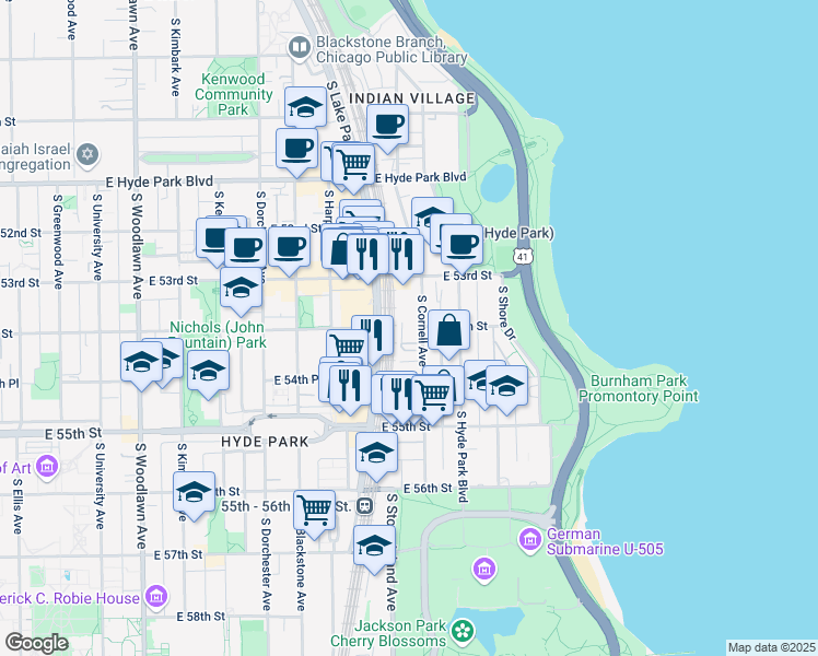 map of restaurants, bars, coffee shops, grocery stores, and more near 5424 South Cornell Avenue in Chicago