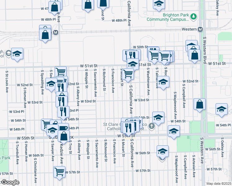 map of restaurants, bars, coffee shops, grocery stores, and more near 5259 South Francisco Avenue in Chicago
