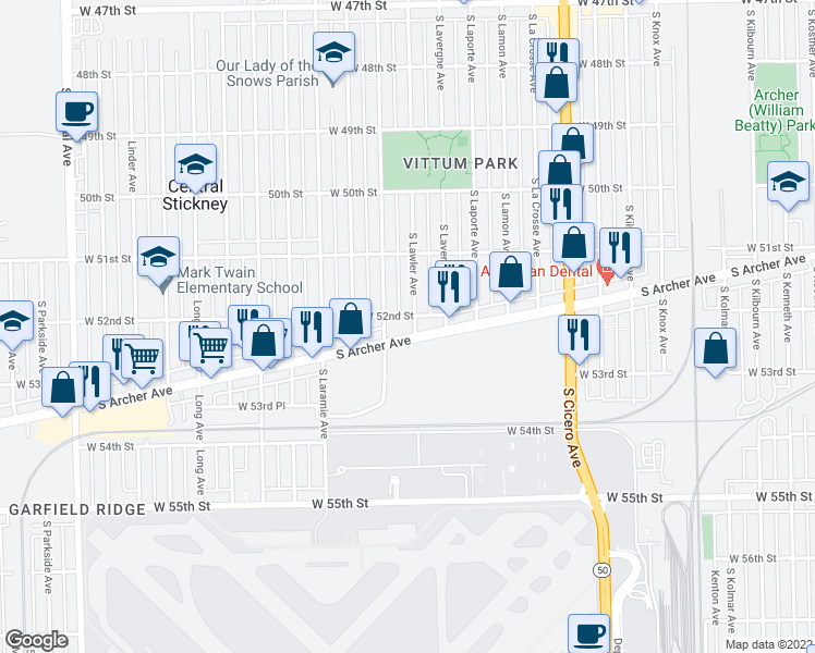 map of restaurants, bars, coffee shops, grocery stores, and more near 5565 South Archer Avenue in Chicago