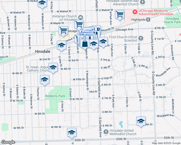 map of restaurants, bars, coffee shops, grocery stores, and more near 507 South Washington Street in Hinsdale
