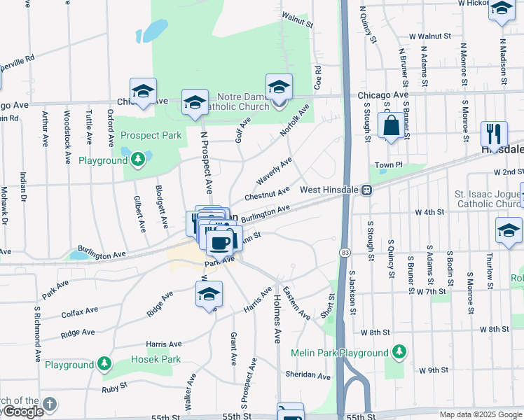 map of restaurants, bars, coffee shops, grocery stores, and more near 1 S Prospect Ave in Clarendon Hills