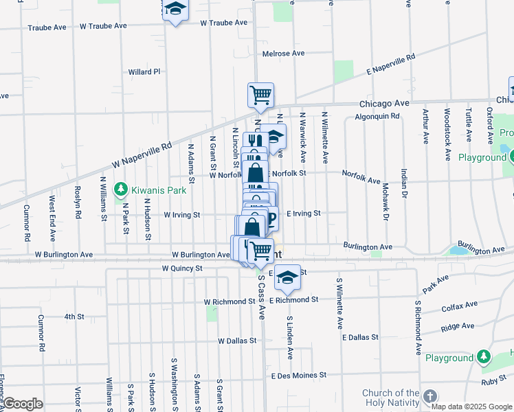 map of restaurants, bars, coffee shops, grocery stores, and more near 41 North Cass Avenue in Westmont