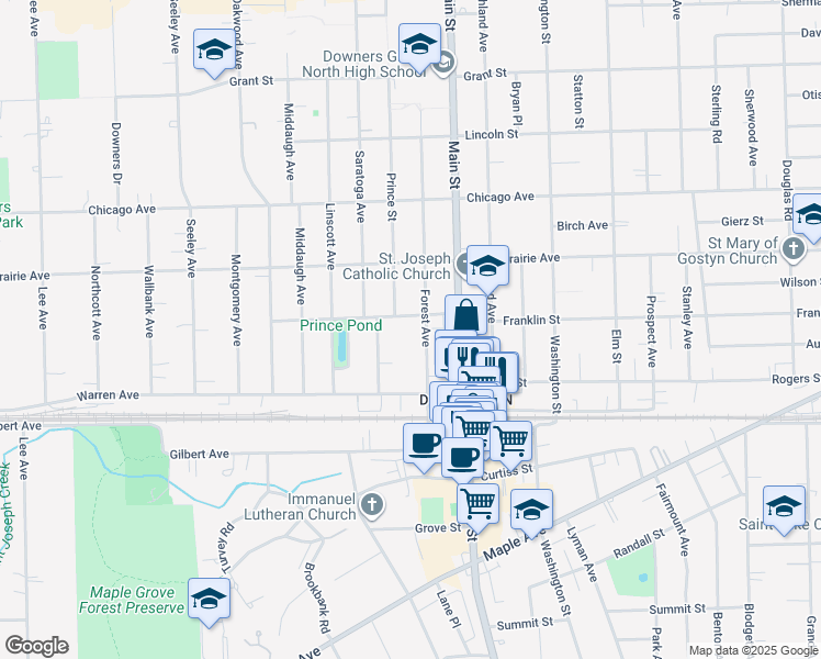 map of restaurants, bars, coffee shops, grocery stores, and more near 4924 Forest Avenue in Downers Grove