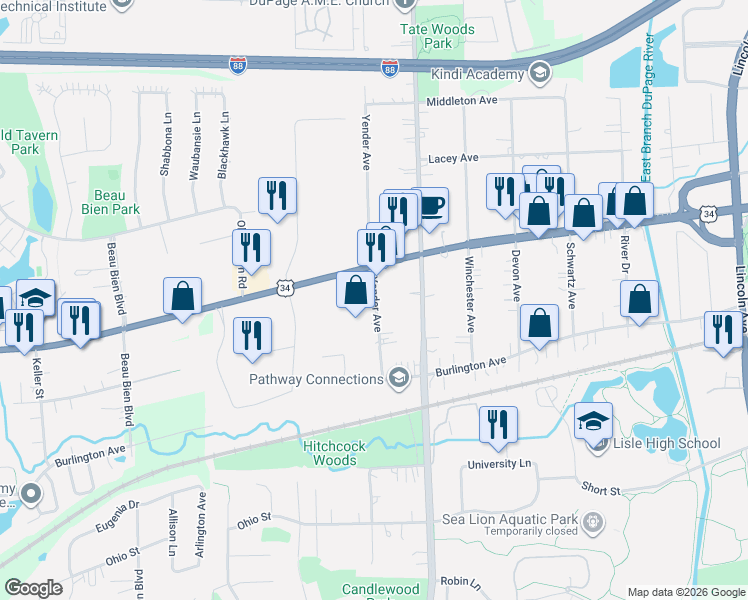 map of restaurants, bars, coffee shops, grocery stores, and more near 4720 Yender Avenue in Lisle