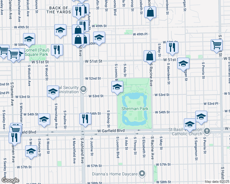 map of restaurants, bars, coffee shops, grocery stores, and more near 5250 South Loomis Boulevard in Chicago