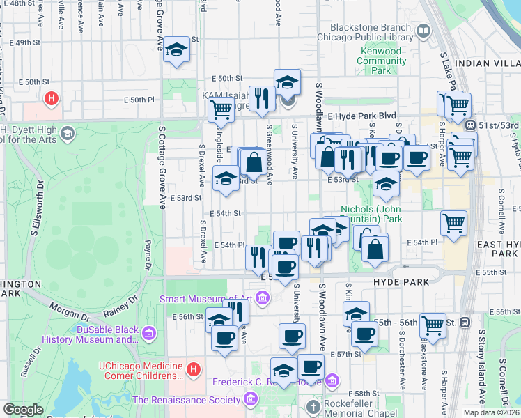 map of restaurants, bars, coffee shops, grocery stores, and more near 1018 East 54th Street in Chicago