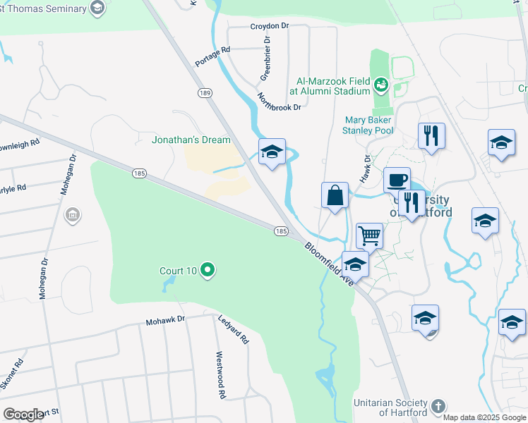 map of restaurants, bars, coffee shops, grocery stores, and more near 22 Simsbury Road in West Hartford