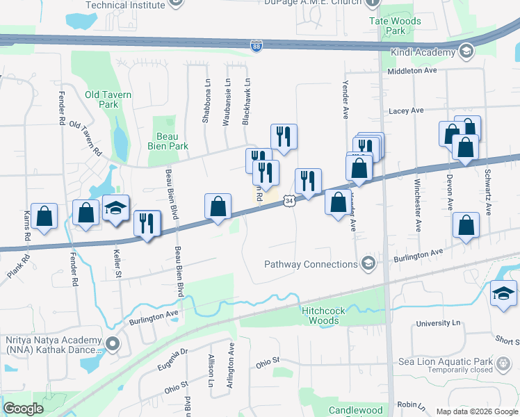 map of restaurants, bars, coffee shops, grocery stores, and more near Ogden Avenue & Old Tavern Road in Lisle