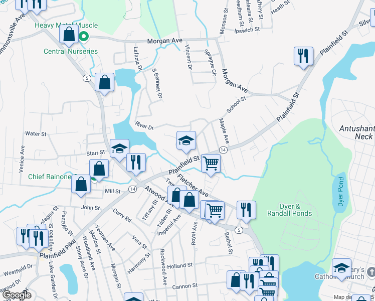 map of restaurants, bars, coffee shops, grocery stores, and more near 4 School Street in Johnston